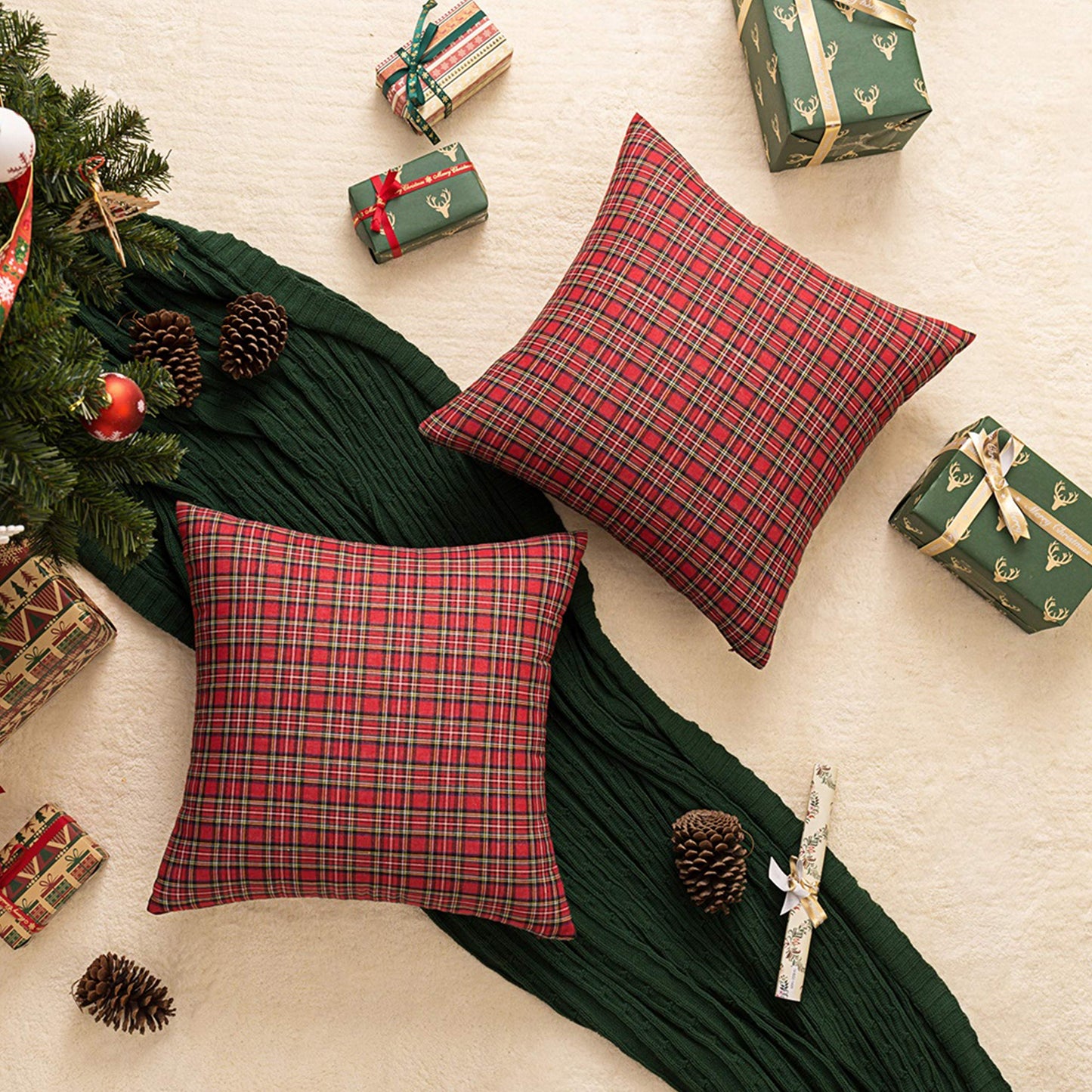 AQOTHES Pack of 2 Christmas Plaid Decorative Throw Pillow Covers Scottish Tartan Cushion Case for Farmhouse Home Holiday Decor Red and Green, 20 x 20 Inches