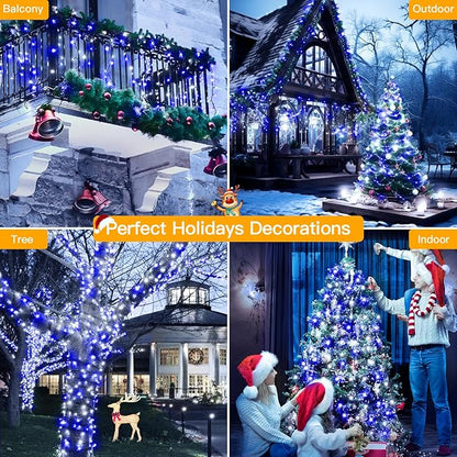 Ollny Christmas Lights Outdoor Indoor Decor, 132FT 400LED Blue & White String Lights 8 Modes Plug in Waterproof, Xmas Fairy Lights with Remote for Tree House Holiday Yard Bedroom Home Party