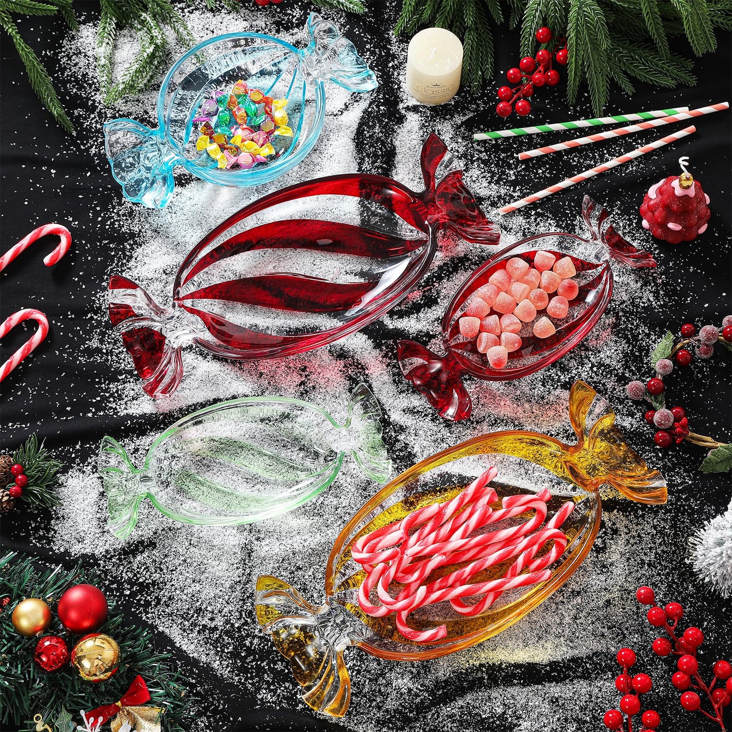 USmagically Christmas Candy Glass Plate, Christmas Theme Serving Tray for Holiday Desserts, Cookies & Candy Display, Festive Party Bowl, Green Xmas Decorations Small
