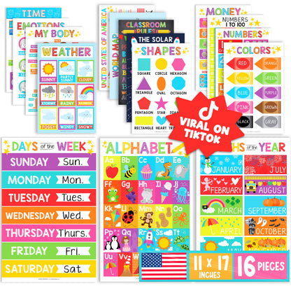 Hadley Designs 16 Educational Posters for Classroom Must Haves - Laminated Pre-K Posters for Toddler Homeschool Essentials, Toddler & Preschool Learning Activities, Kindergarten Classroom Decor