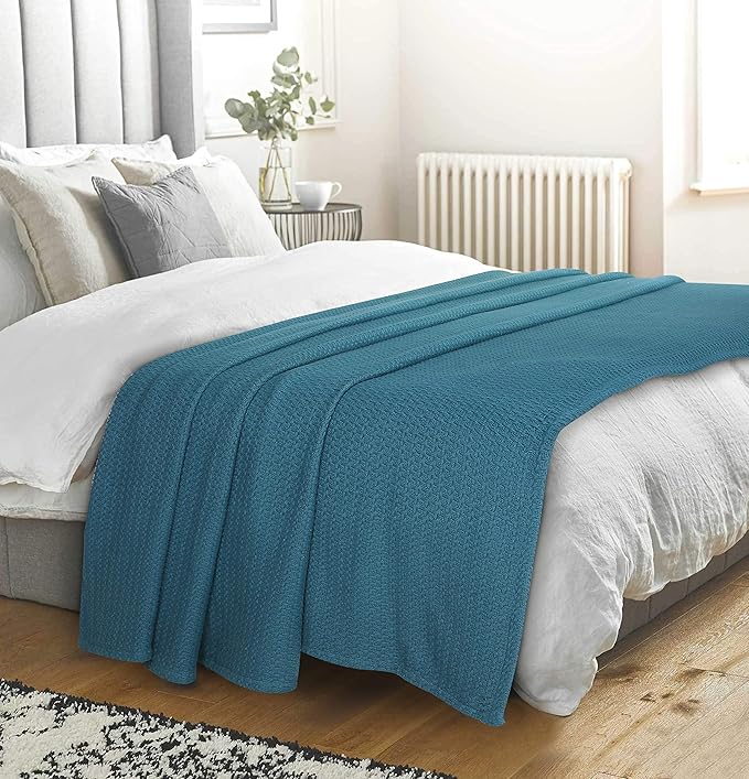 Elvana Home 100% Cotton Bed Blanket, Breathable Bed Blanket Twin Size, Cotton Thermal Blankets Twin, Perfect for Layering Any Bed for All Season, Teal Green