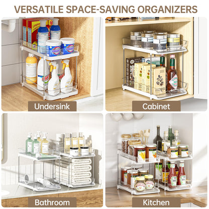 Delamu 2-Tier Multi-Purpose Bathroom Under Sink Organizers and Storage, Stackable Kitchen Pantry Organization, Pull Out Medicine Cabinet Organizer with Movable Dividers, White, 2 Pack