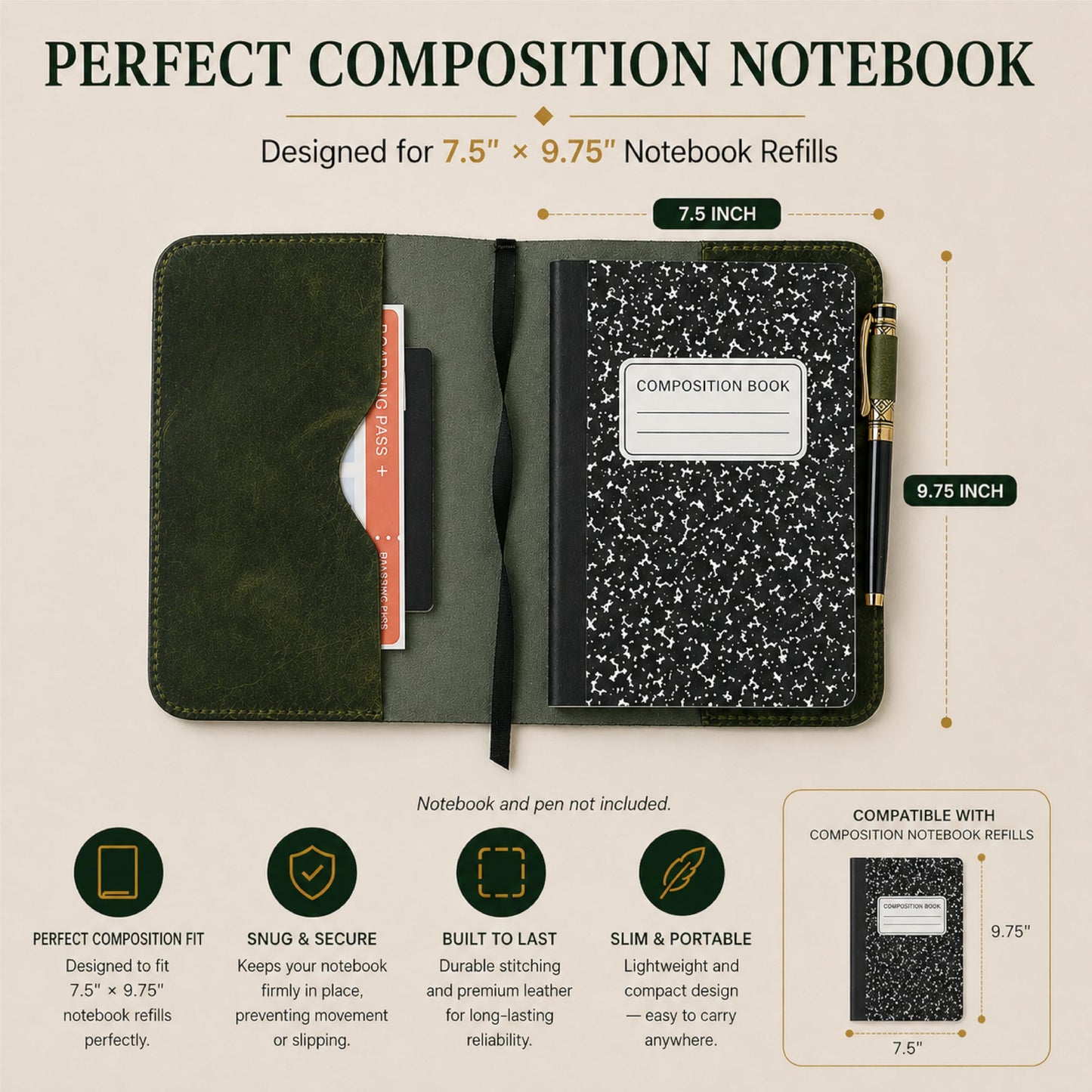 TheAntiq Leather Journal Cover XL – Handmade Refillable Notebook Holder with Pen Loop, Writing Organizer for Office, Travel & Professional Use 7.5 x 9.8- Green