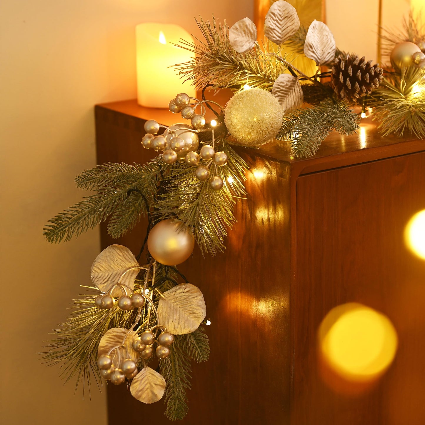 Valery Madelyn 6 Ft Pre-Lit Christmas Garland with Lights for Mantle, Lighted Outdoor Xmas Garland with White Gold Balls Norfolk Pine for Home Stairs Fireplace Table Centerpiece Indoor Holiday Decor