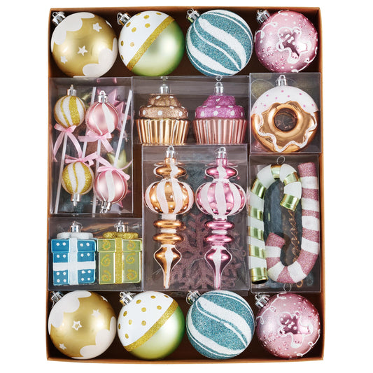 Valery Madelyn Christmas Ball Ornaments Set, 80ct Candyland Macaron Pastel Shatterproof Christmas Tree Decorations, Variety Decorative Hanging Ornaments Bulk for Xmas Holiday Party Decor
