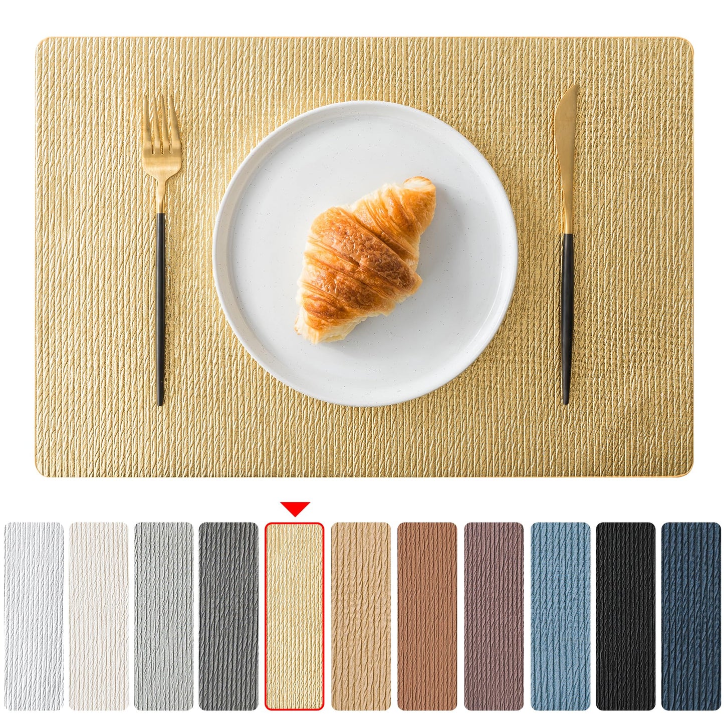 Jovono Faux Leather Placemats Set of 4, Waterproof Washable Table Mats, Easy-Clean Heat Resistant Kitchen Vinyl Place Mat for Dining Table, Wedding, Holidays, Indoor, 17.8"x11.8", Gold