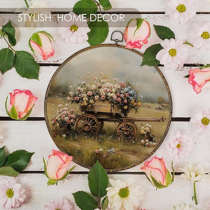 Fewgb Farmhouse Floral Cart Round Wall Art Decor Framed, Vintage French Country Canvas Wall Art Prints Picture, Rustic Cottagecore Wildflower Hanging Room Decor Artwork for Gallery Bedroom 10x10