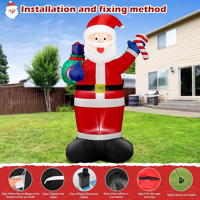 8 FT Christmas Inflatable Santa Claus Outdoor Blow Up Yard Decorations, Giant Blow Up Santa with Flashing Gift Bags & Candy, Build in LED Lights Xmas Decorations for Garden Holiday Party Lawn Decor