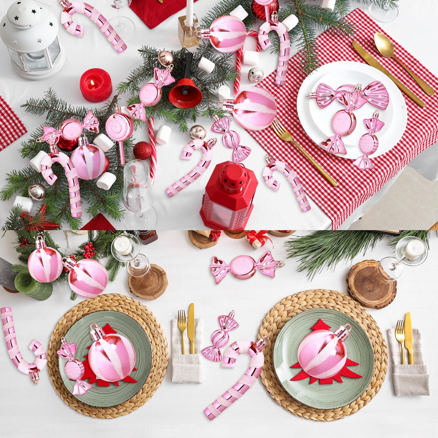 Christmas Candy Cane Lollipop Ornaments for Christmas Tree 30Pcs Xmas Plastic Peppermint Christmas Tree Hanging Ball Pendants for Xmas Party Indoor New Year Holiday Home Decorations (Pink)