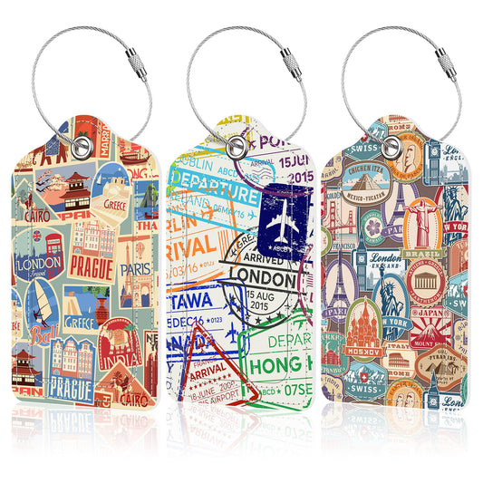 EOBKLAX 3 Pack Travel Stamp Luggage Tags for Suitcases,Travel Retro Labels Leather Baggage Suitcases Tag Name ID Label Privacy Cover Travel Bag Tags for Women Men Boys Girls