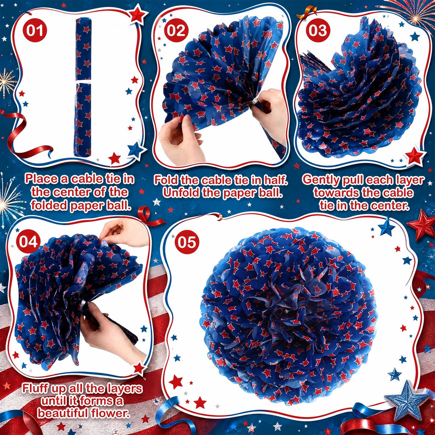 4 Set 18'' Large 4th of July Patriotic Table Centerpiece Decor DIY American Flag Metal Pail Bucket with 16'' Red White Blue Star Pom Pom 3D 250th Anniversary Table Decor Raffia