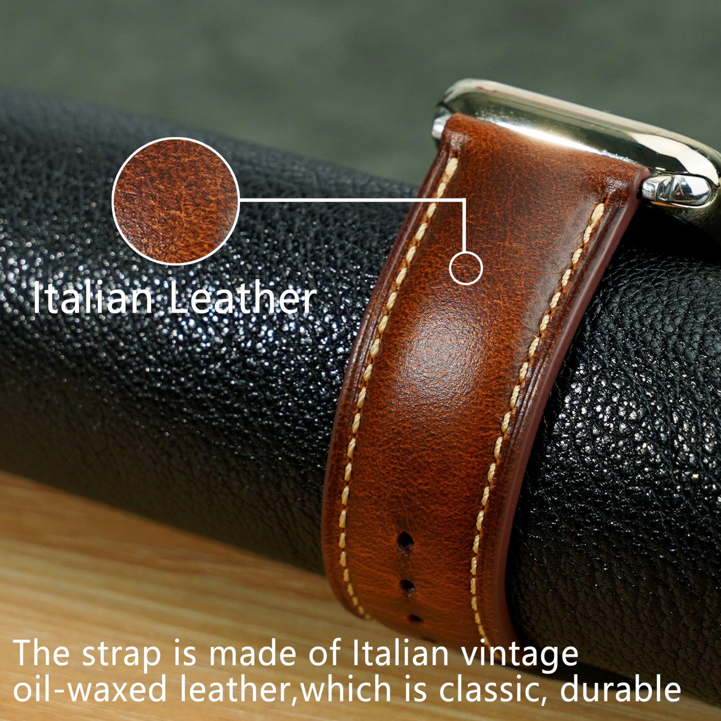 Gomvadr Leather Bands Compatible with Apple Watch Band 44mm 45mm 46mm, Oil Wax-tanned Leather Strap for Mens Apple Watch Series 11 10 9 8 7 6 5 4/SE3 (Tan/Silver Buckle/Contrast Stitch)