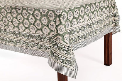ATOSII Kari Green 100% Cotton Rectangle Boho Summer Tablecloth, Block Print Floral Table Cloth Linen for Dining, Parties, Wedding, Outdoors Home Decor 72 X 108 Inches I 8 Seater I