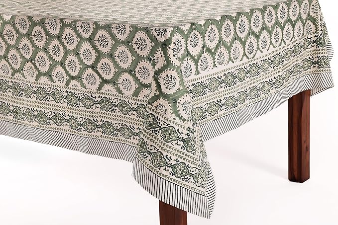ATOSII Kari Green 100% Cotton Square Boho Summer Tablecloth, Block Print Floral Table Cloth Linen for Dining, Parties, Wedding, Outdoors Home Decor 60 X 60 Inches I 4 Seater I