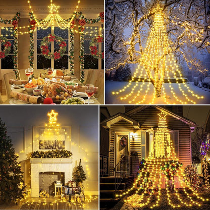 Nielfoi 12FT 344 LED Christmas Tree Lights, Plug in Waterfall String Lights with Topper Star, Waterproof 8 Modes Outdoor Christmas Decorations for Indoor Patio Yard Lawn Party, Warm White