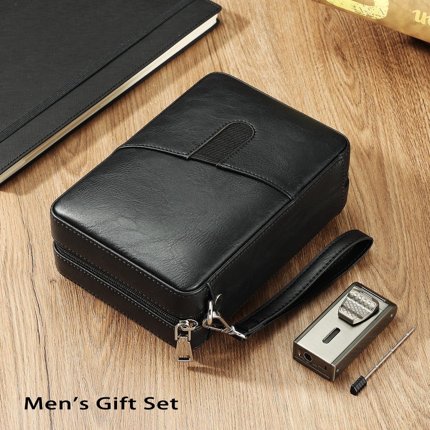 Leather Cedar Wood Case and Double Jet Flame Butane Torch Lighter Set, Holds 6 Units, Built-in Cutter, Punch and Holder Function, Draw Enhancer Tool, Travel Box with Hygrometer.