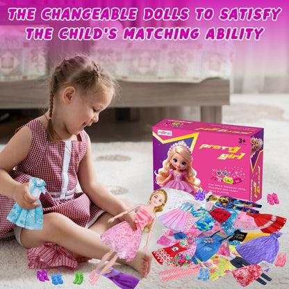 135 Pcs Doll Clothes and Accessories with Doll, Princess Gowns, Fashion Dresses, Slip Dresses, Top, Pants, Jumpsuit, Swimsuits, Shoes, Hangers, Doll Dress up Toys for Girls Kids Toddlers Toy Gifts