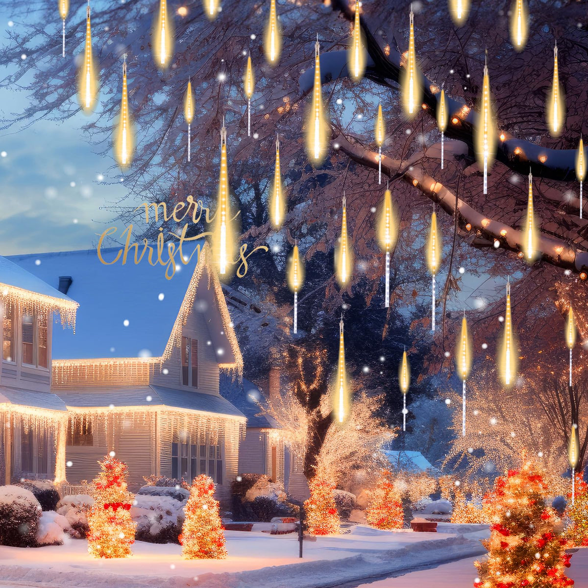 Brightown Meteor Shower Lights Outdoor, 16 Inches 16 Tubes 576 LED Icicle Lights, Waterproof Meteor Christmas Light Outdoor, Hanging Falling Rain Light for Tree Holiday Party Christmas, Warm White