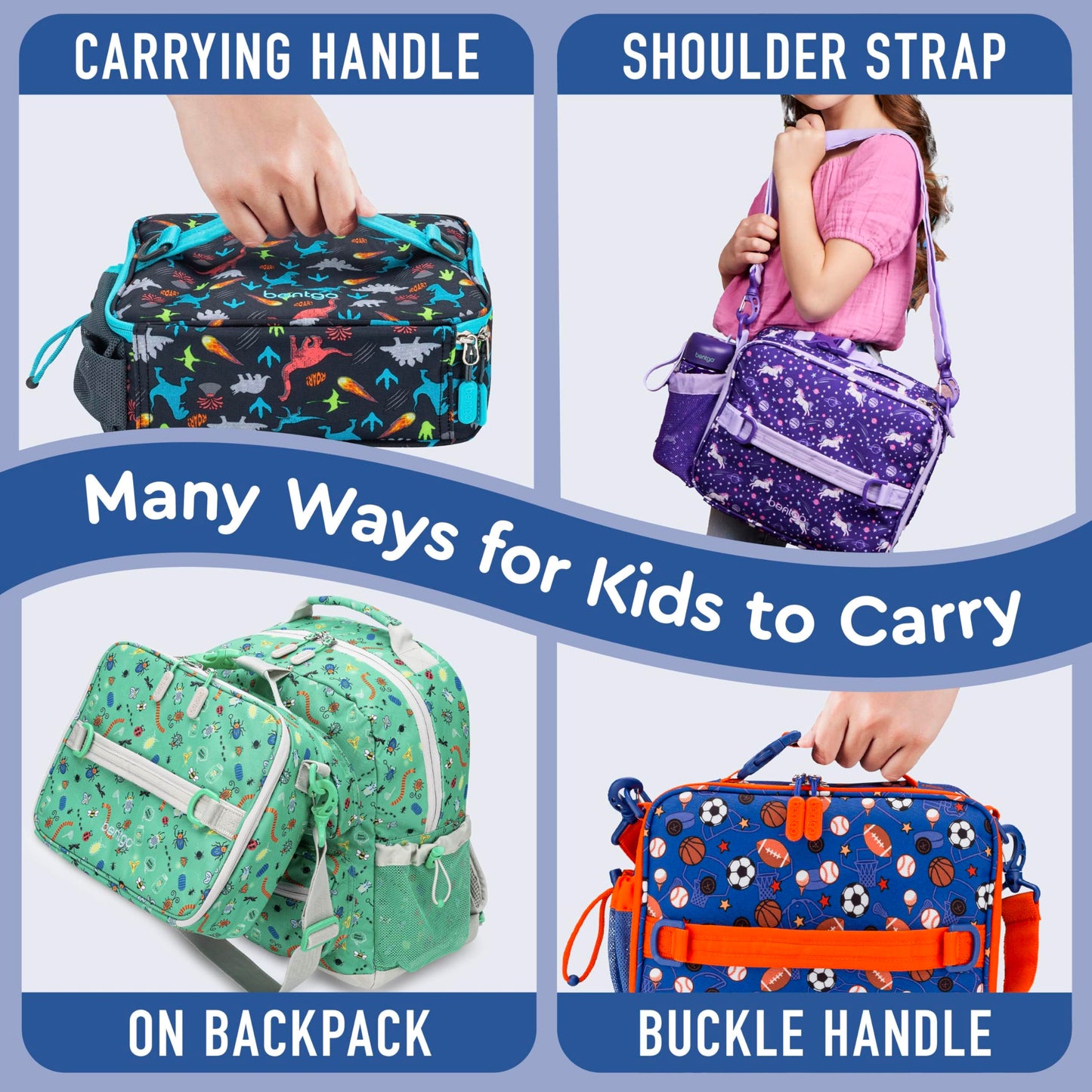 Bentgo Kids Lunch Bag - Durable, Double-Insulated Lunch Bag for Kids 3+; Holds Lunch Box, Water Bottle, & Snacks; Easy-Clean Water-Resistant Fabric & Multiple Zippered Pockets (Sports)