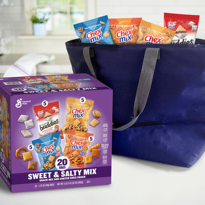 Chex Sweet & Salty Snack Variety Pack, Individually Wrapped Snack Bags, Party and Lunch Packs, Muddy Buddies Peanut Butter and Chocolate, Chex Mix Traditional, Cheddar, Honey Nut, 35 oz/20 Bags