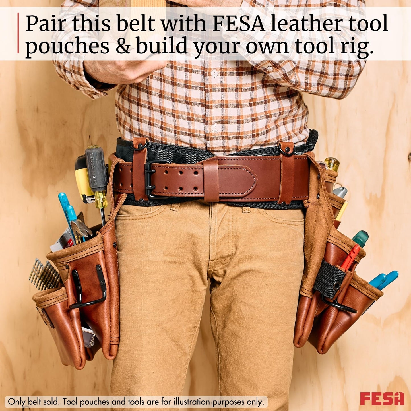 FESA Padded Tool Belt with Back Support - Padded Leather Tool Belt with D-rings for Suspenders - Perfect for Electricians, Carpenters & Framers - Adjustable from 37"-44" - Handcrafted (Cherry)