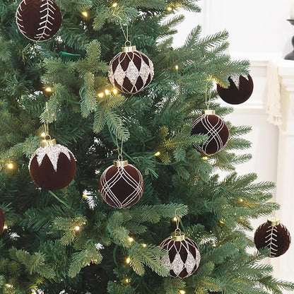3.15INCH Brown Velvet Ornaments for Christmas Tree, 12PCS Glitter Flocked Christmas Ornaments Decorations Balls Set Decor