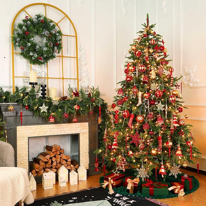 SHareconn 145pcs Christmas Balls Ornaments Set, Shatterproof Plastic Baubles Snowflakes, Stars and Tree Topper for Xmas Tree Holiday Wedding Party Decorations with Hanging Strings, Gold and Red