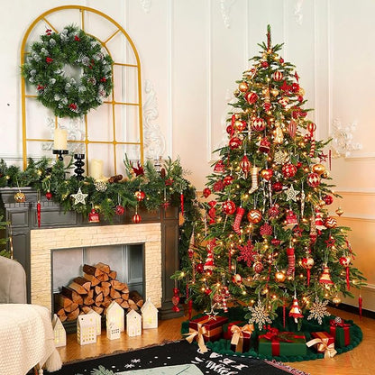 SHareconn 145pcs Christmas Balls Ornaments Set, Shatterproof Plastic Baubles Snowflakes, Stars and Tree Topper for Xmas Tree Holiday Wedding Party Decorations with Hanging Strings, Gold and Red