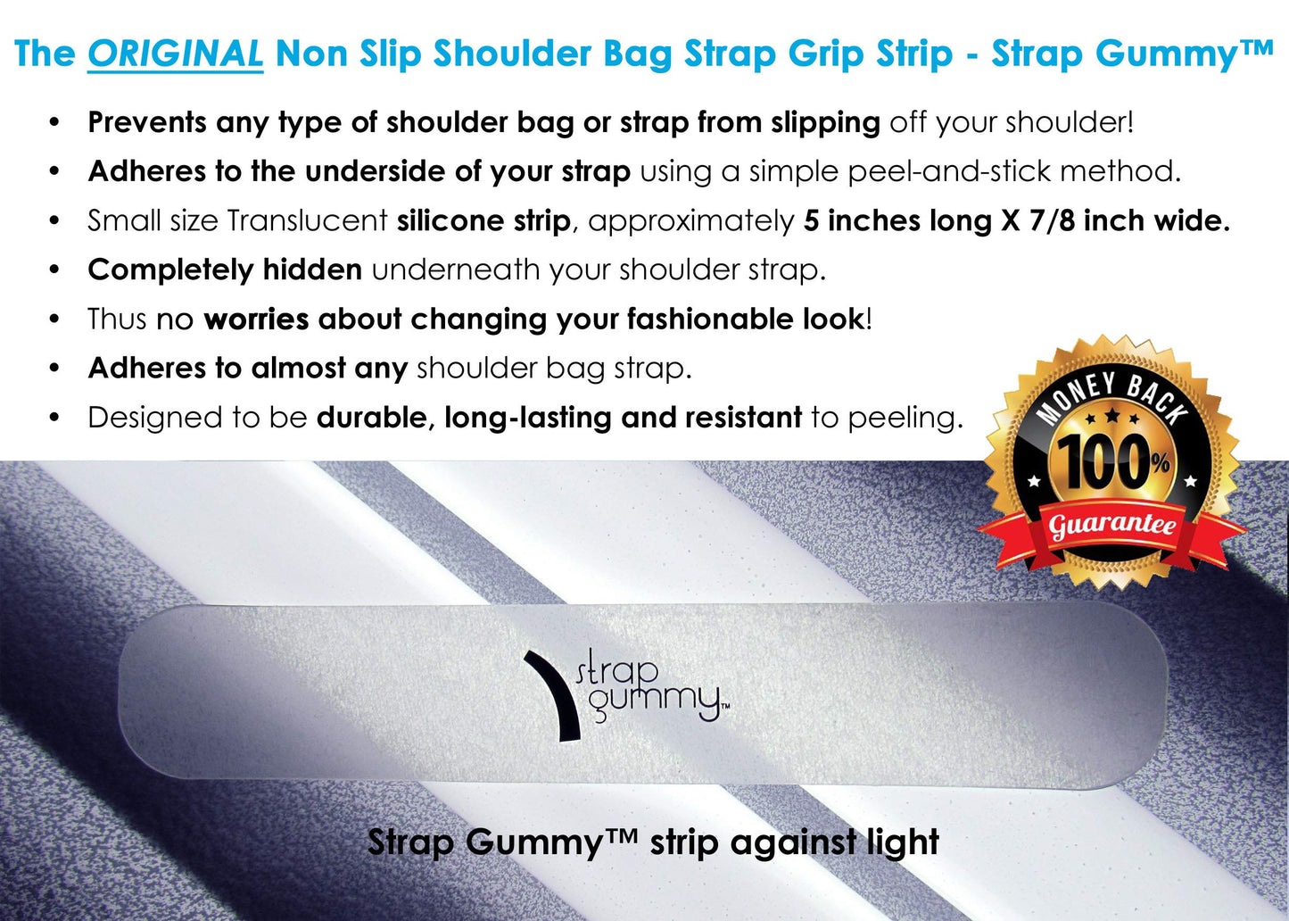 Strap Gummy - Prevent Strap Slips - The ORIGINAL Non Slip Shoulder Strap Grip Strips - Set of 4 Pieces - 2 Large Black & 2 Small Semi-Clear