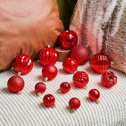 JORNOY Christmas Tree Ornaments Set, 47 Pack Assorted Shatterproof Hanging Balls Decorations, Plastic Bulbs Bulk with Lanyard for Home Holiday Party Decor, 3-Sizes (Red)