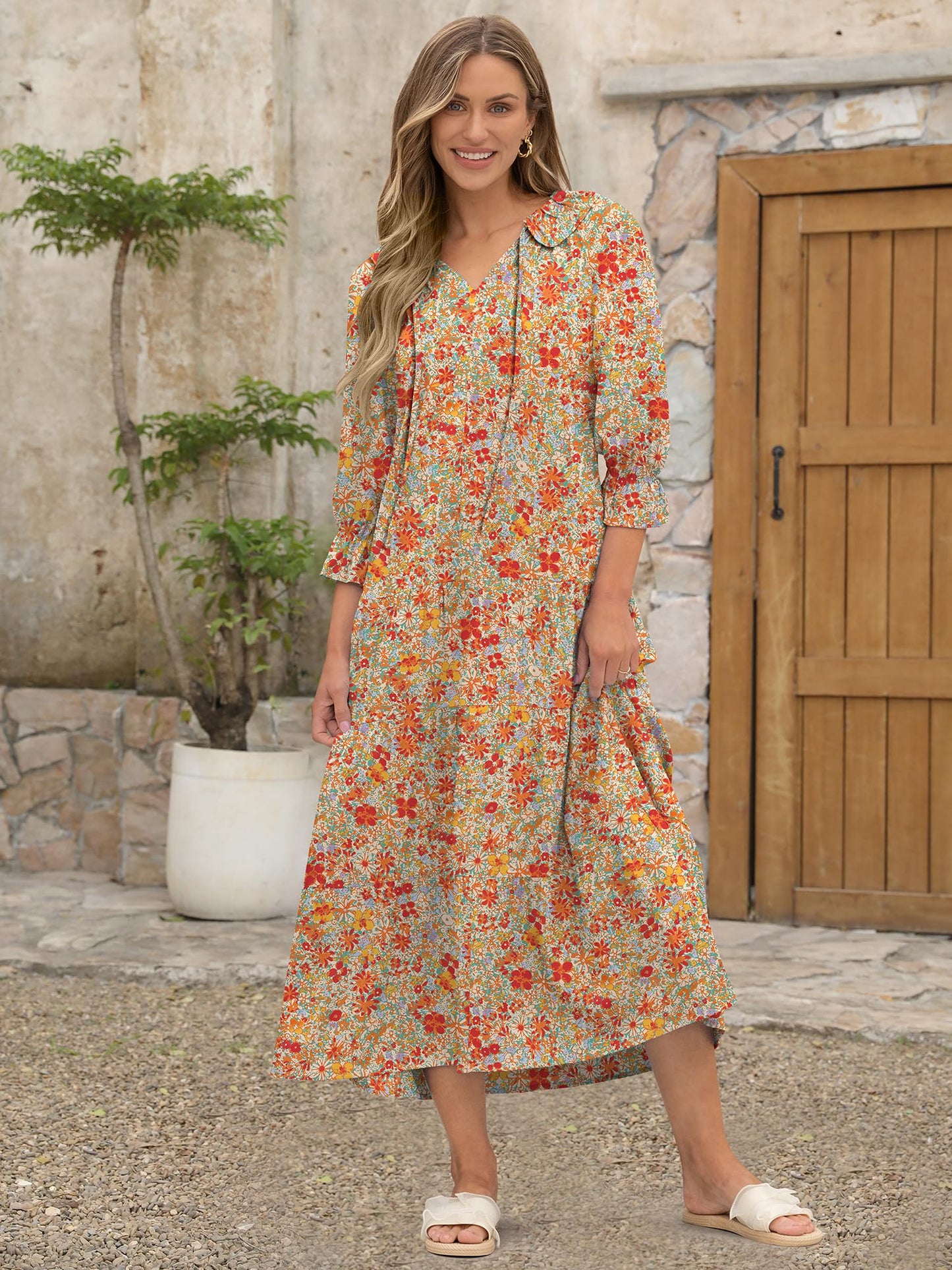 ANRABESS Women's Boho Maxi Dresses 2025 Summer Casual V Neck Puff Sleeve Floral Tiered Flowy Swing Beach Vacation Long Dress