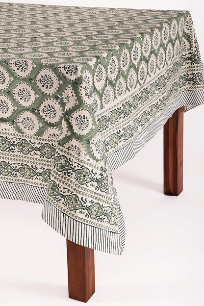ATOSII Kari Green 100% Cotton Rectangle Boho Summer Tablecloth, Block Print Floral Table Cloth Linen for Dining, Parties, Wedding, Outdoors Home Decor 60 X 108 Inches I 8 Seater I