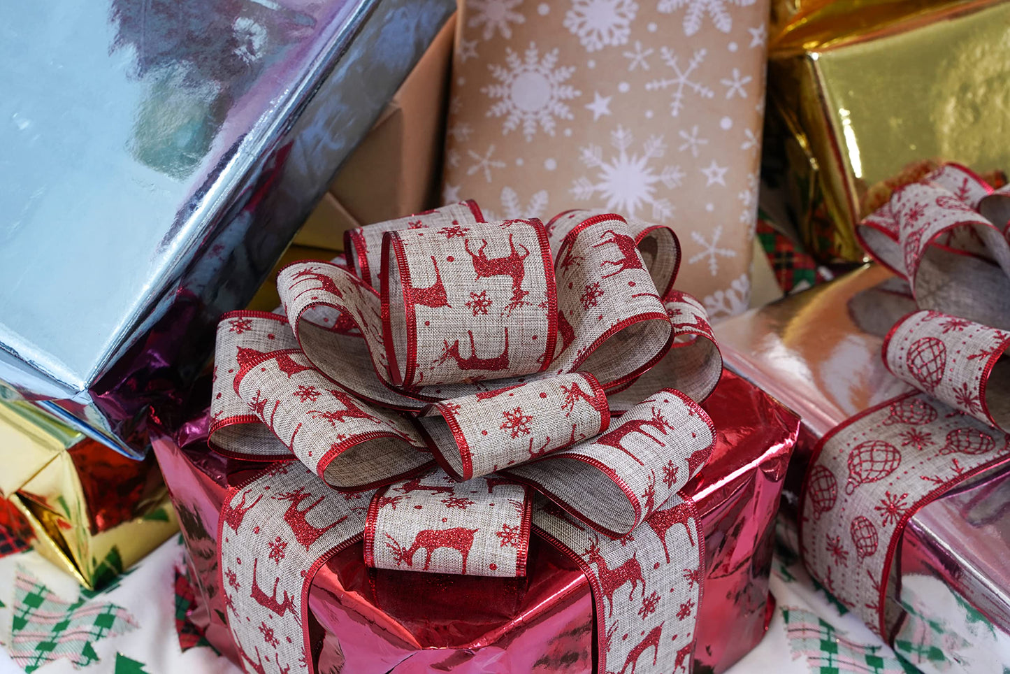 MEEDEE Christmas Ribbon Set 2.5 Inch, 6 Rolls 36 Yards, Wired Burlap and Red Glitter Ribbon for Tree Decorations, Wreath Bows, Garland Decor
