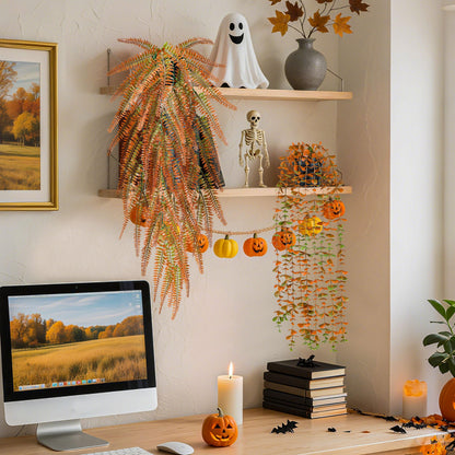 Der Rose 4Pcs Fake Fall Plants Hanging Orange Artificial Eucalyptus Plants, Boston Fern, Fake Potho, String of Pearls for Halloween Bathroom Table Centerpiece Wall Mantle Decor Indoor and Outdoor