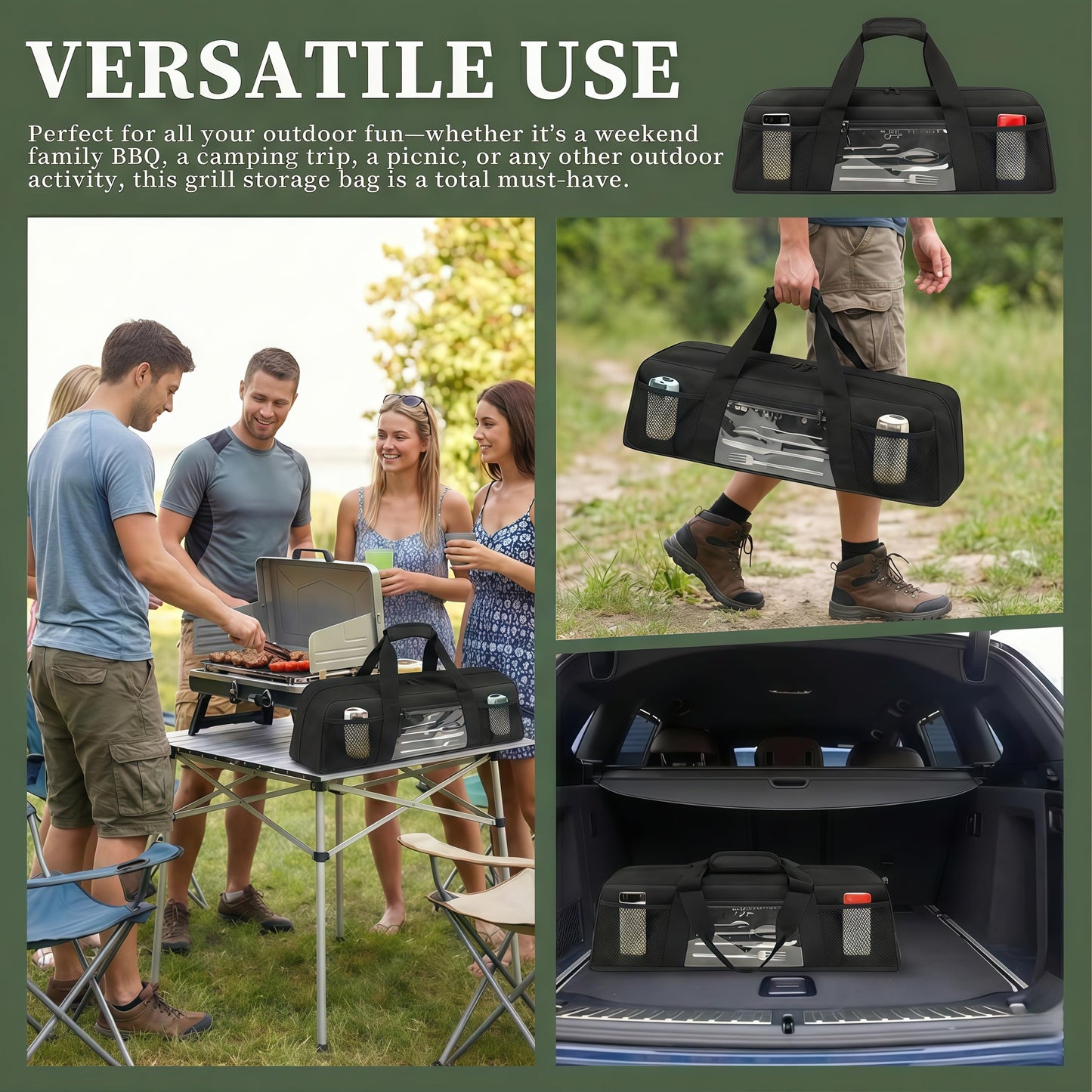 Chrysoippotis Grill Utensil Storage Bag, Large Grill Tool Storage Caddy with Pockets, BBQ Outdoor Tool Storage Bag for Grilling, Camping, Picnic Accessories (22" L×6.5" W×7.2" H, Bag Only)