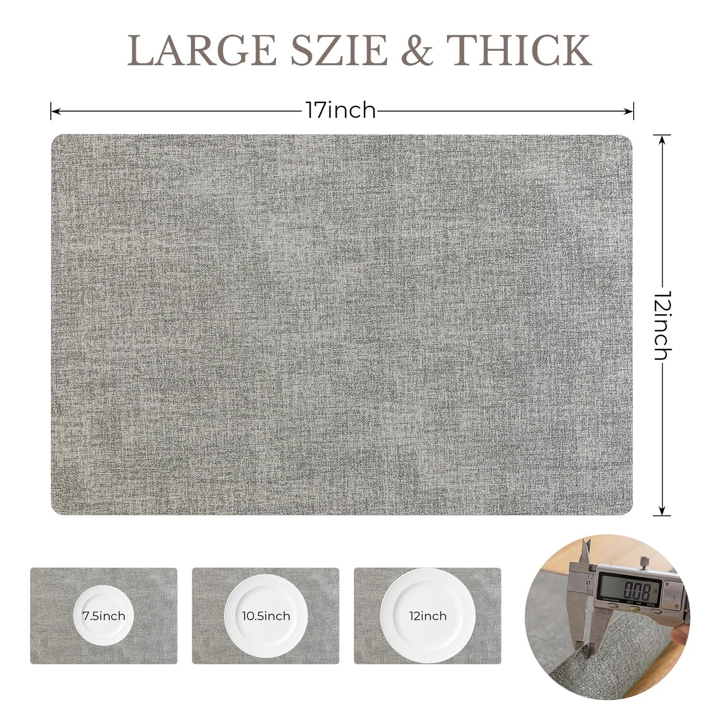 Romanstile Vinyl Placemats Set of 6-12 X 17 Inch - Faux Leather 100% Waterproof Wipeable Anti Slip Place Mats, Heat Resistant Reversible PU Table Mats for Kitchen Dining Party Outdoor, Light Grey