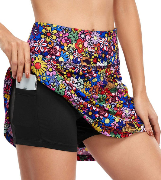 Fulbelle Tennis Skirts for Women, Golf Skirt with Pockets Athletic Skorts Activewear Womens Skorts for Summer High Waisted Running Skort Colorful Flower Medium