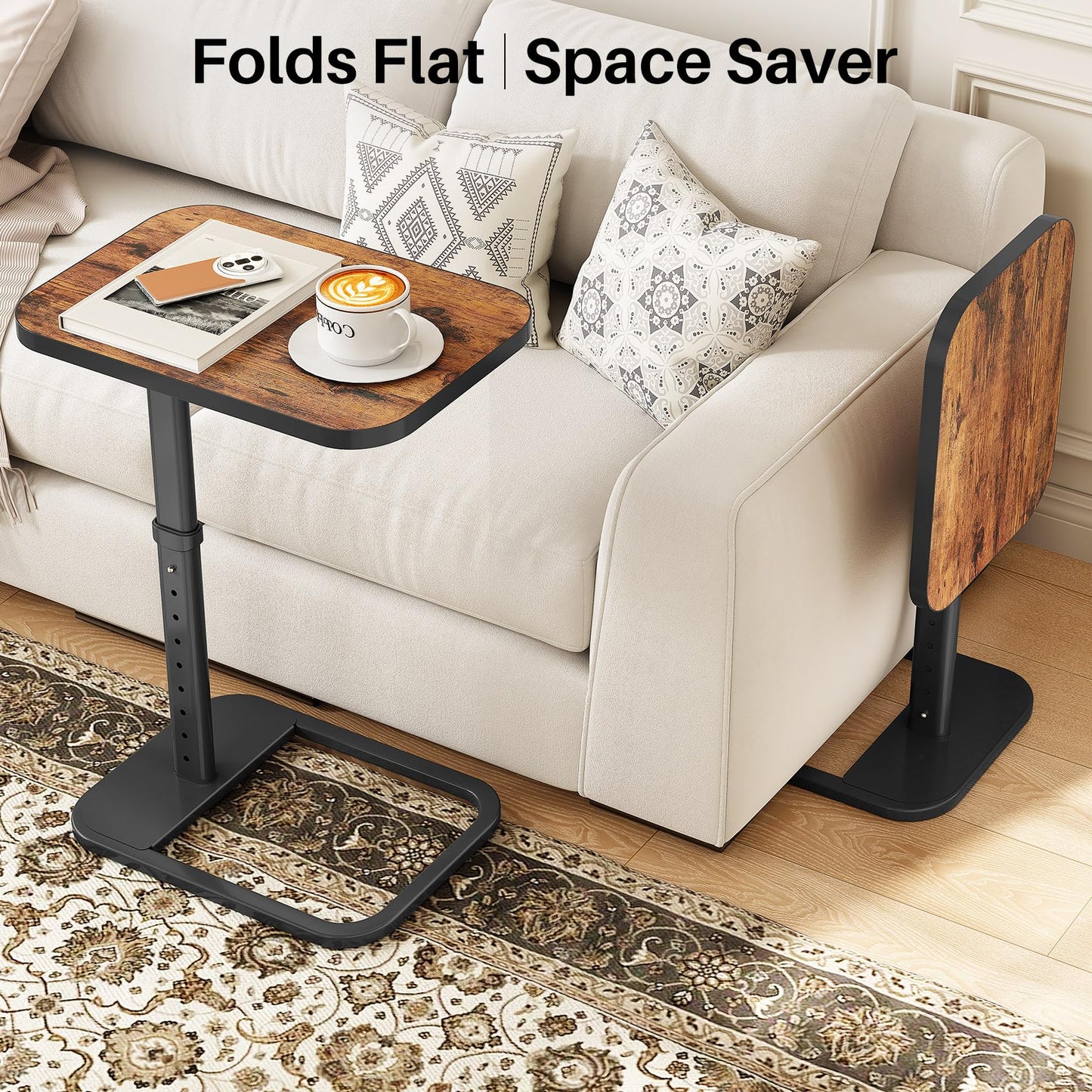 Kitstorack TV Tray Table, Adjustable Height & Flip-Top & Rounded Metal Corners, Snack Table for Couch, Sofa, Bed, Chair, Living Room, C Shaped End Side Table for Eating, Dinner or Laptop, Small Spaces