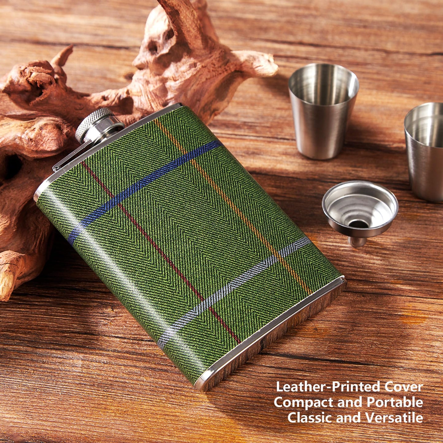Luxury 8 Ounce Stainless Steel Hip Flask Gift Set with 2 Shot Glasses and Funnel Leather-Printed Cover (Denim Fabric Pattern)