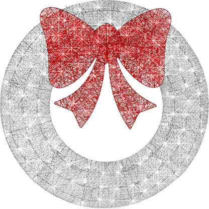 Best Choice Products 36in Pre-Lit Outdoor Christmas Wreath Decoration, LED Metal Holiday Decor for Home w/ 120 Lights, Bow - Silver/Red