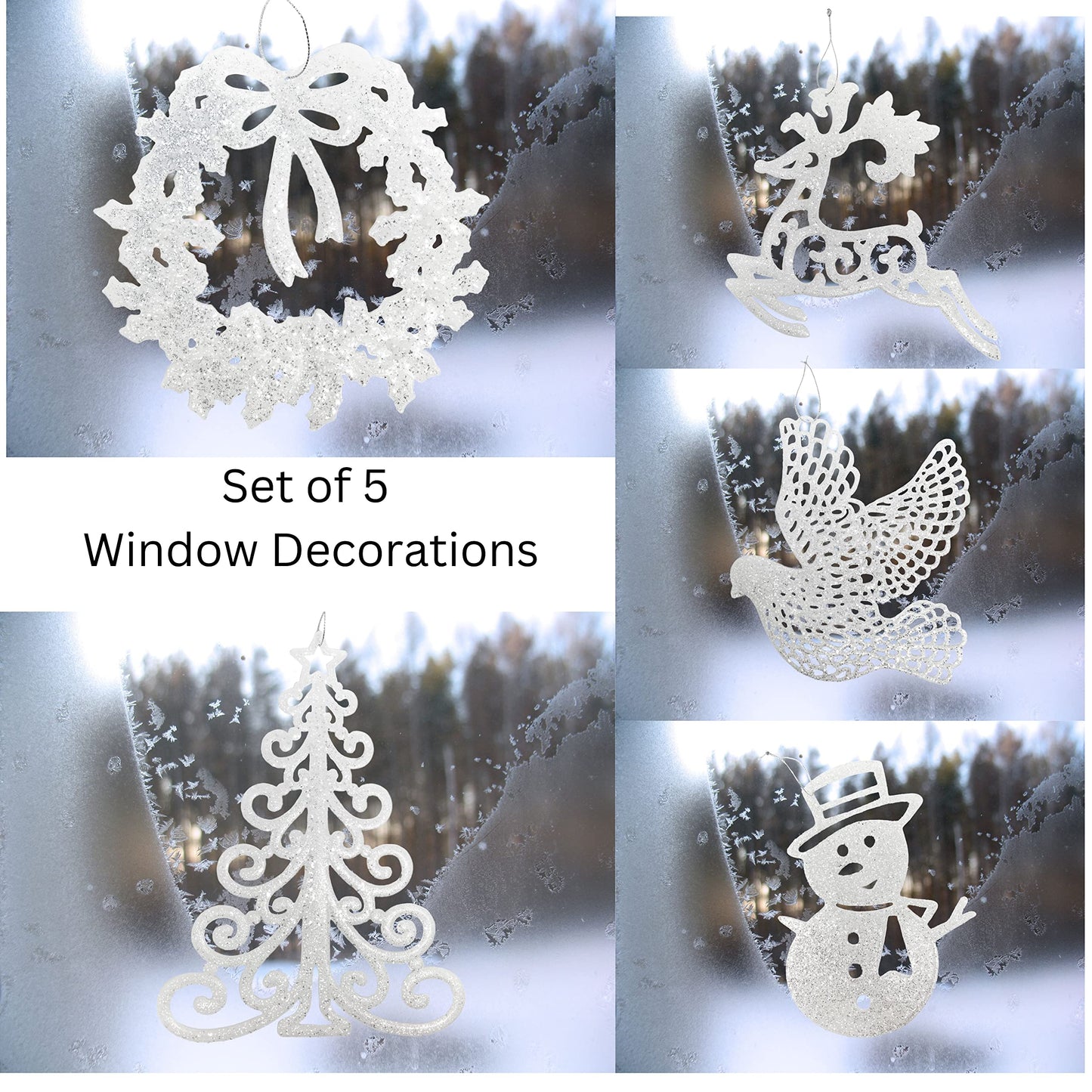White Christmas Tree Ornaments Set of 5 – Large Glittered Holiday Decorations with Snowman, Reindeer, Dove, Wreath & Christmas Tree – 9” Shatterproof Hanging Ornaments for Winter & Farmhouse Décor