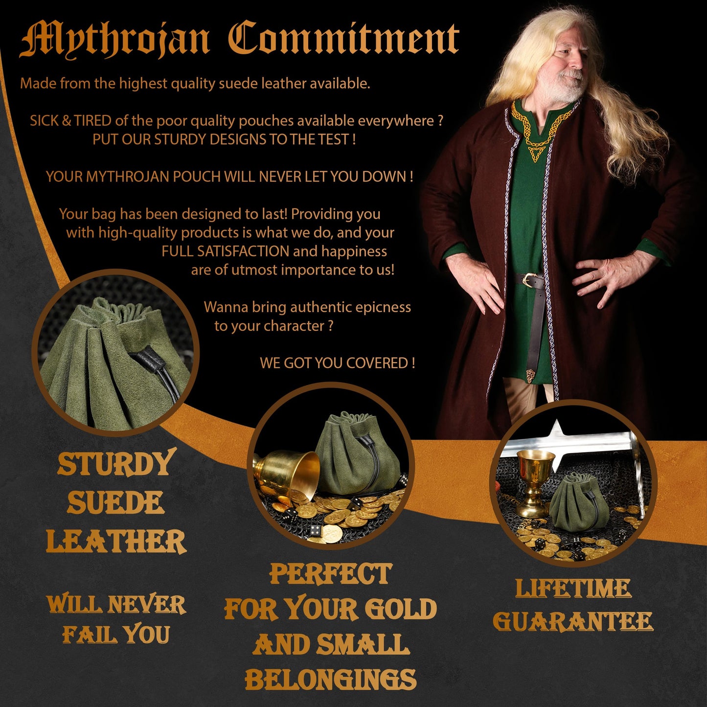 Mythrojan medieval leather pouch suede drawstring belt bag for larp, viking, renaissance cosplay, coin & jewelry waist purse- dark green, 4.9" x3.5"