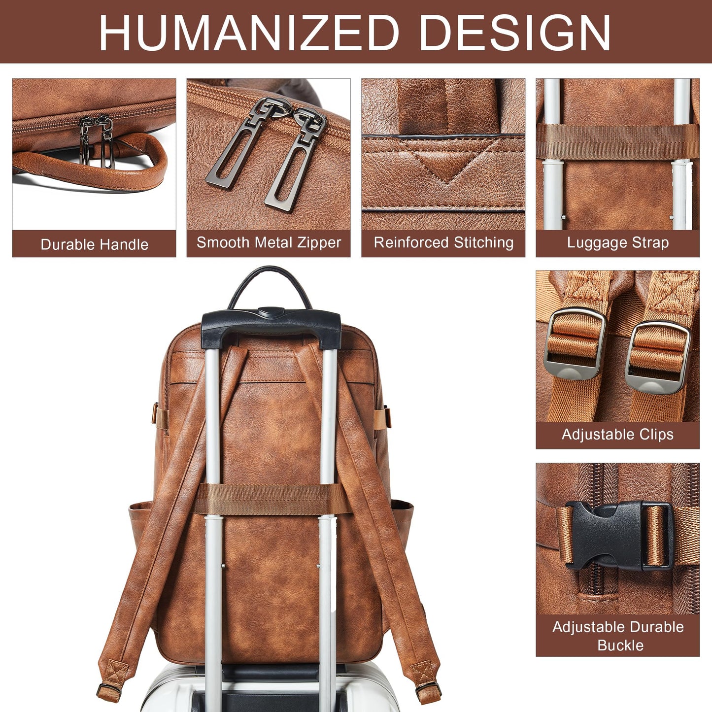 tiamyi Travel Backpack for Women and Men, Fits 17.0" Laptop, Stylish Lay-Flat Carry-on Vegan Leather Backpack with Luggage Strap for Travel and Daily Use