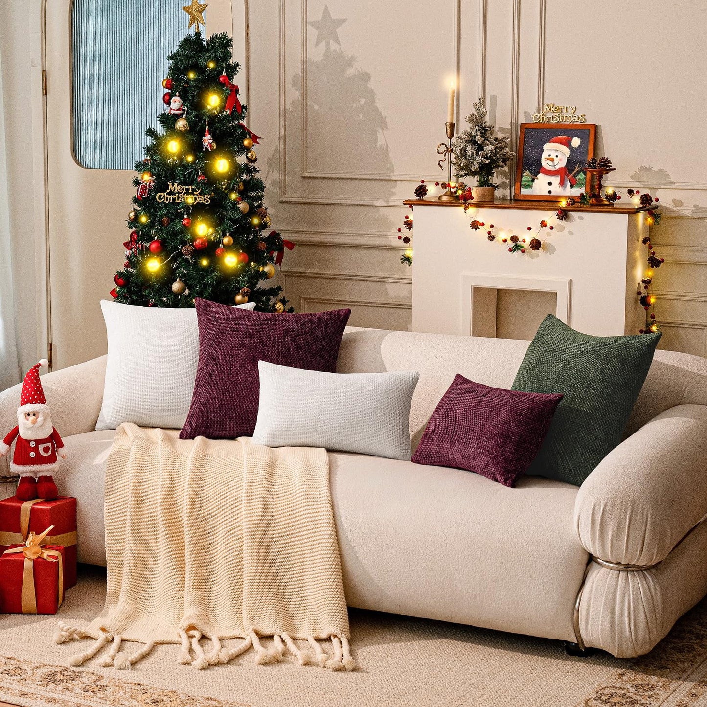a moment Christmas Wine Red Chenille Throw Pillow Covers 20x20 Inch Pack of 2 Modern Decorative Throw Pillow Covers Farmhouse Cross Covers Home Decor for Sofa Bedroom Living Room