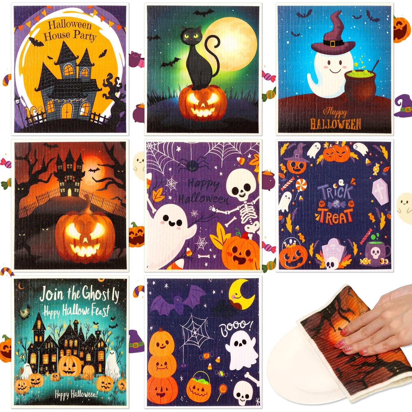 Lucomb 8 Pack Halloween Swedish Dishcloths Reusable, Kitchen Sponges Soft Absorbent Dish Towels Swedish Dish Cloths Washable Decorative for Kitchen Washing Dishes Bathroom Office Hand Towel Cleaning