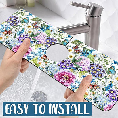 Beautiful Floral Kitchen Sink Splash Guard Faucet Mat Flower Bird Butterfly