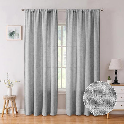 Tollpiz Linen Curtain Bedroom Rod Pocket Semi Sheer Curtains Burlap Light Filtering Thick Linen Drape for Living Room, 38 x 84 inches Long, Silver Grey, Set of 2 Panels