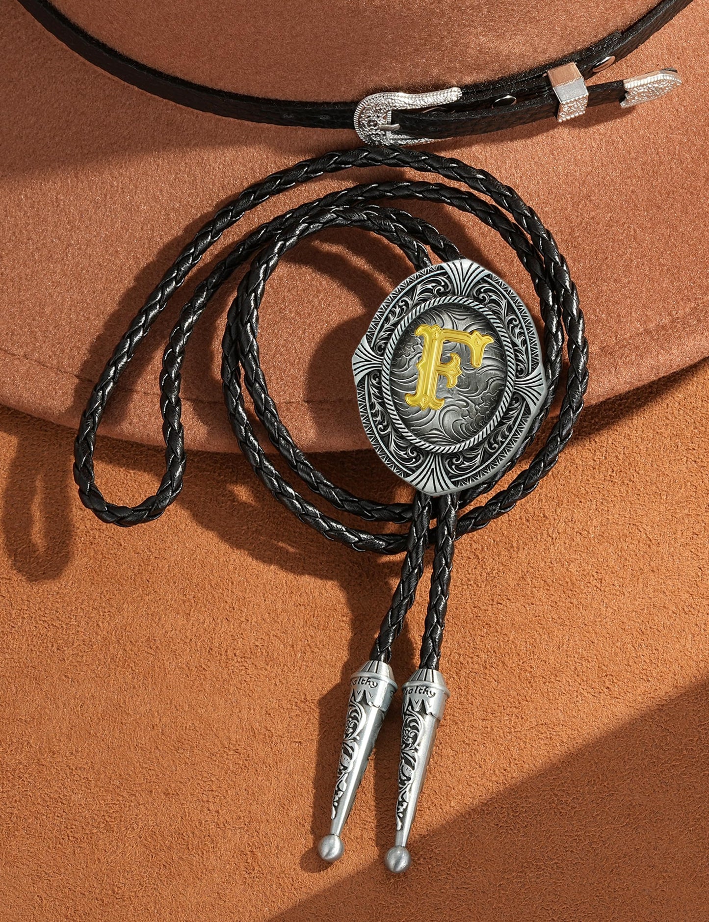 HUABOLA CALYN Vintage Bolo tie for Men Western Cowboy Native American Initial Letter ABCDJMR to Z Costume Bolo ties for Women (F)