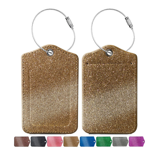 2 Pcs Luggage Tags for Suitcase, Cute Unique PU Leather Travel Bag Tag with Privacy Cover ID Label Address Card and Durable Metal Ring Suitable for Men Women Backpack (Glitter Gold)