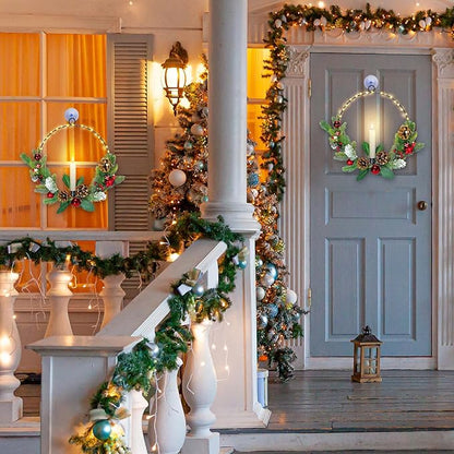 2Pack Christmas Wreaths for Front Door with Lights & Flickering LED Taper Candles & Remote, 16'' Windows Wreaths, Fireplace Christmas Decorations - Red